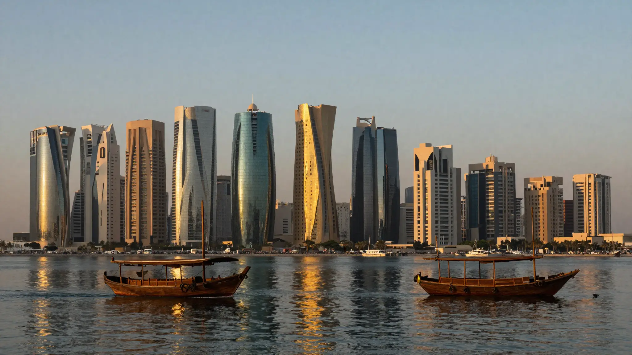 منظر بانورامي لمدينة الدوحة عاصمة قطر مع ناطحات السحاب على واجهة الكورنيش ومركب شراعي تقليدي وقت الغروب